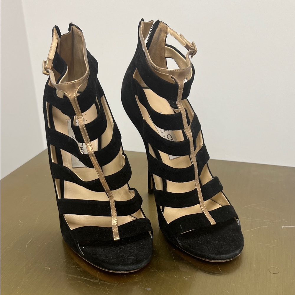 Jimmy Choo Black and Gold Strappy Heels
